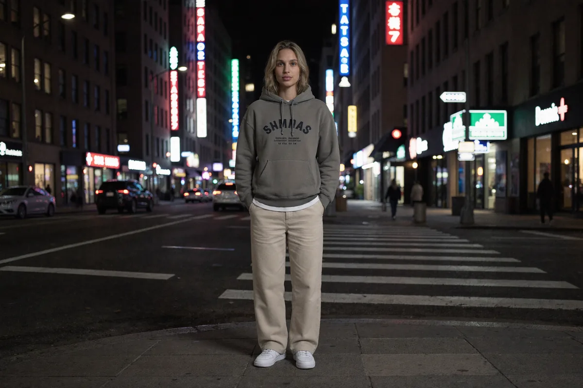 Prompt: Miasto wieczorem, styl streetwear